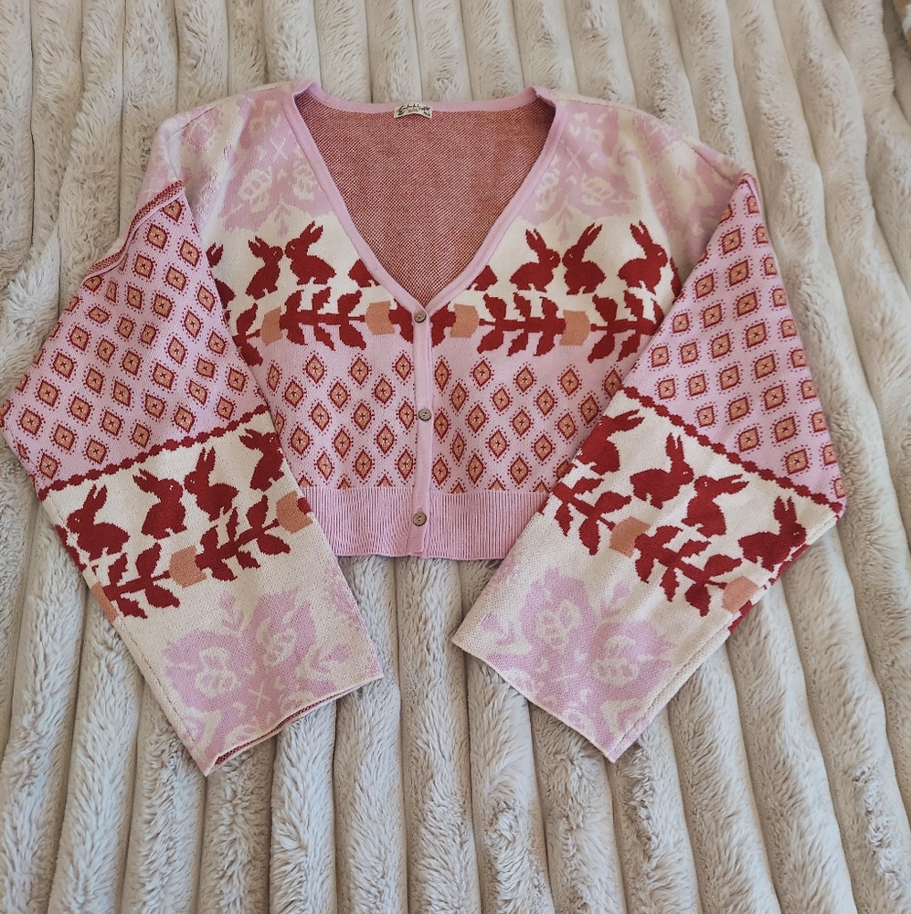 Free People Snow Bunny 2 piece Crop Top Pajamas Set (Cardigan & Pants) SzM